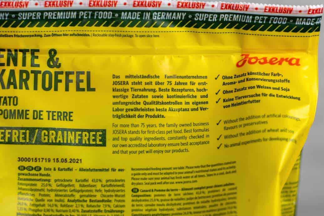 Verpackungsrückseite Josera Ente und Kartoffel